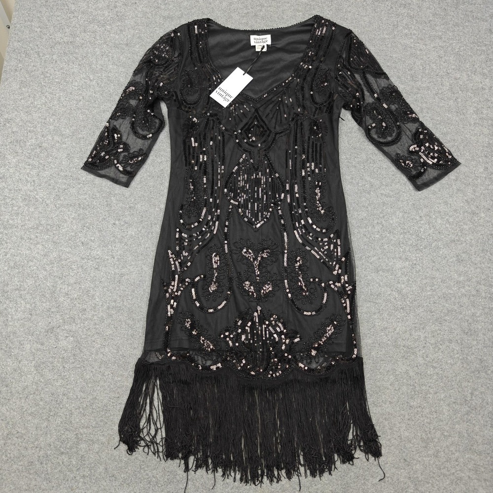 Unique Vintage Dress Womens L Black Sequin Fringe 20s Flapper Gatsby Shift Party